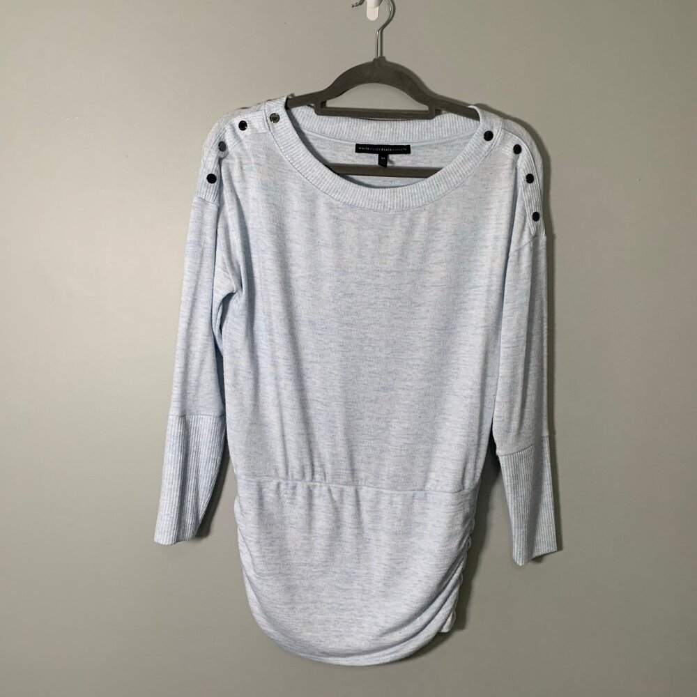 White House Black Market Light Blue Button‎ Shoulder Ruched Hem Top XS